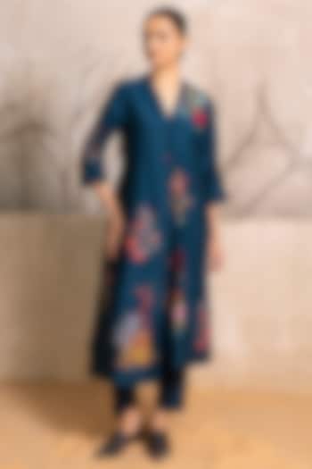 Indigo Silk Chanderi Floral Digital Printed Tunic Set by Haute Mess at Pernia's Pop Up Shop