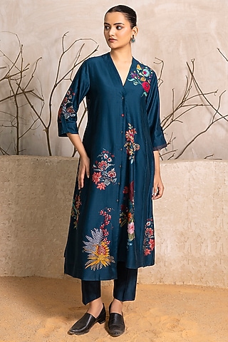Indigo Silk Chanderi Floral Digital Printed Tunic Set by Haute Mess
