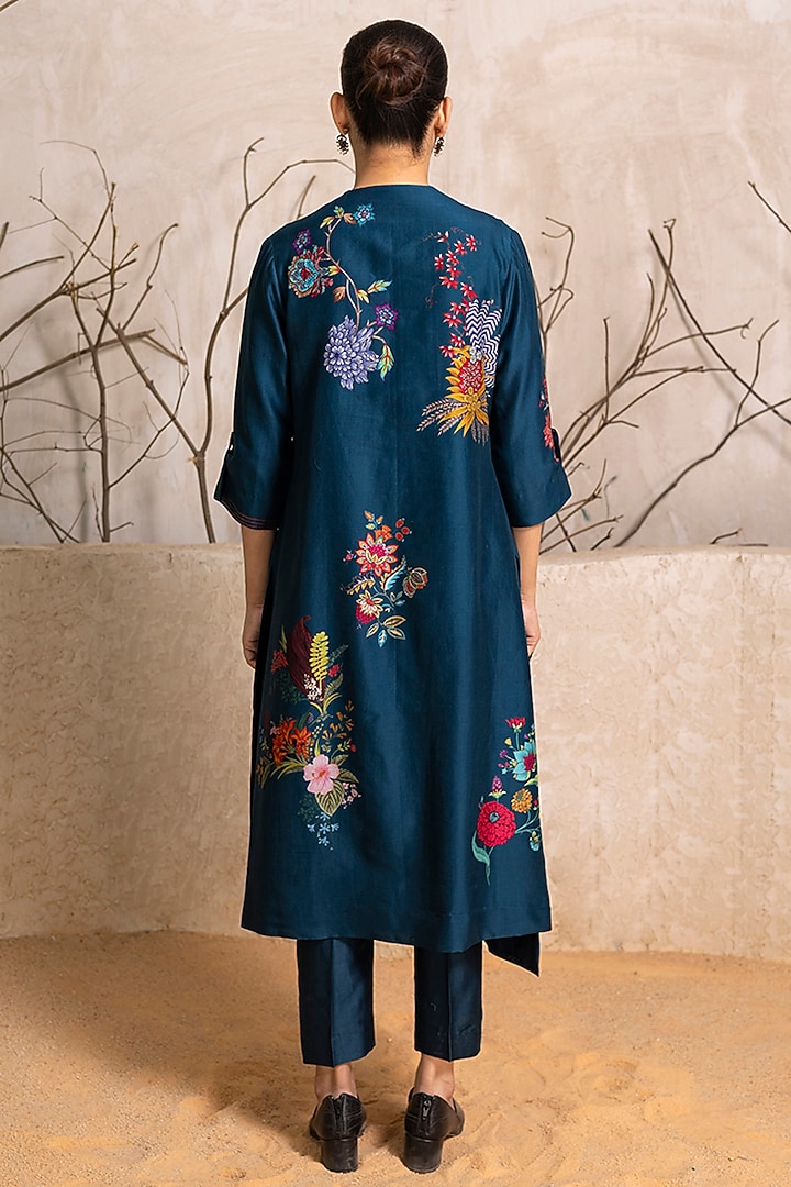 Indigo Silk Chanderi Floral Digital Printed Tunic Set by Haute Mess at Pernia's Pop Up Shop