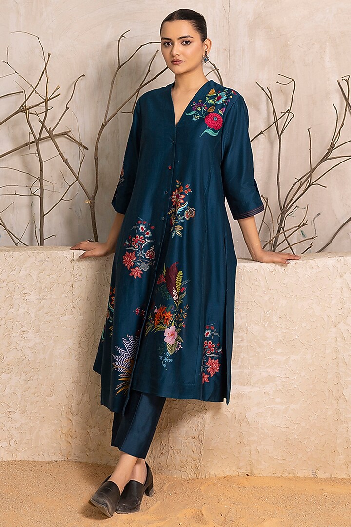 Indigo Silk Chanderi Floral Digital Printed Tunic Set by Haute Mess at Pernia's Pop Up Shop
