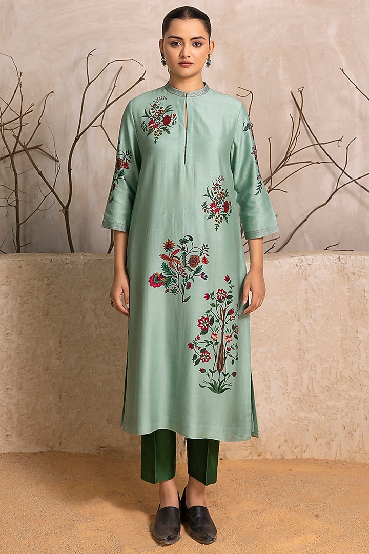 Mint Silk Chanderi Floral Boota Printed Tunic Set by Haute Mess at Pernia's Pop Up Shop