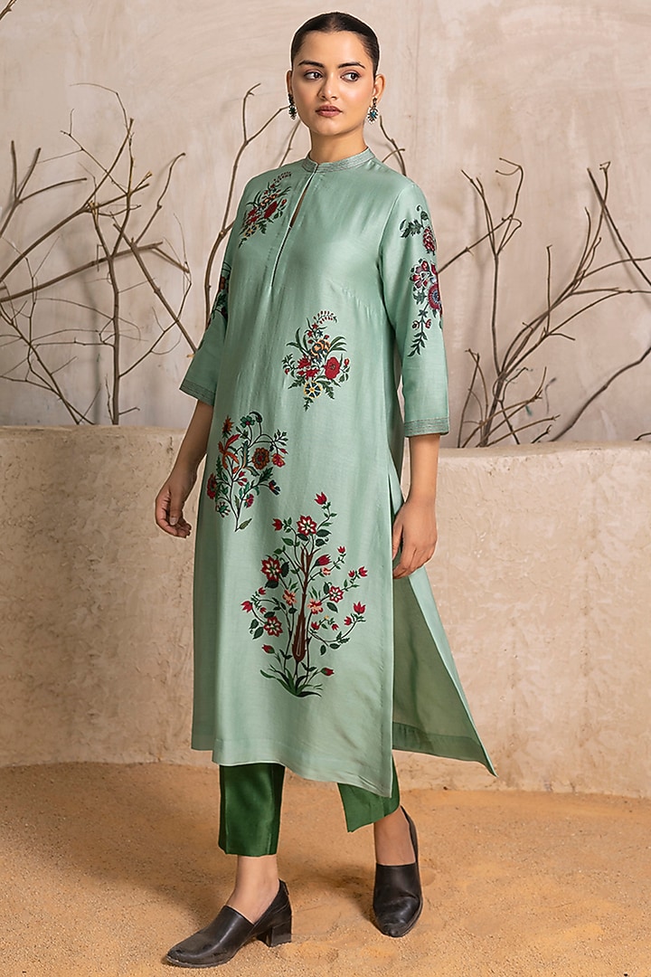 Mint Silk Chanderi Floral Boota Printed Tunic Set by Haute Mess at Pernia's Pop Up Shop
