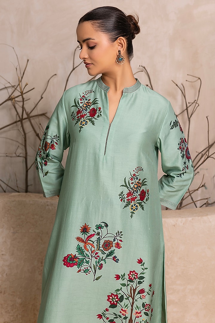 Mint Silk Chanderi Floral Boota Printed Tunic Set by Haute Mess at Pernia's Pop Up Shop
