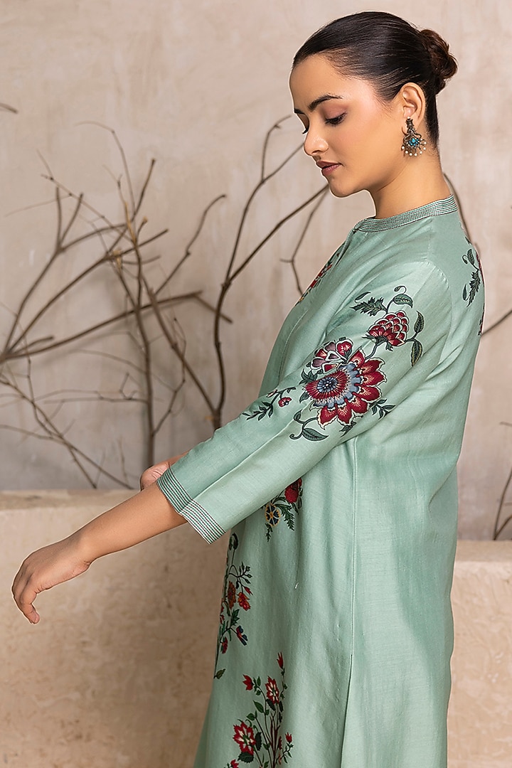 Mint Silk Chanderi Floral Boota Printed Tunic Set by Haute Mess at Pernia's Pop Up Shop