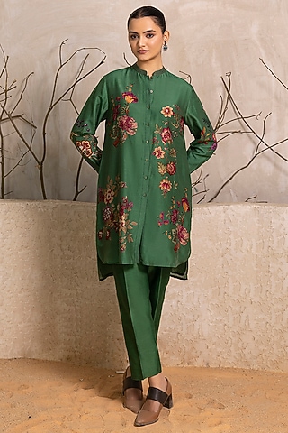 Green Silk Chanderi Floral Digital Printed Tunic Set by Haute Mess