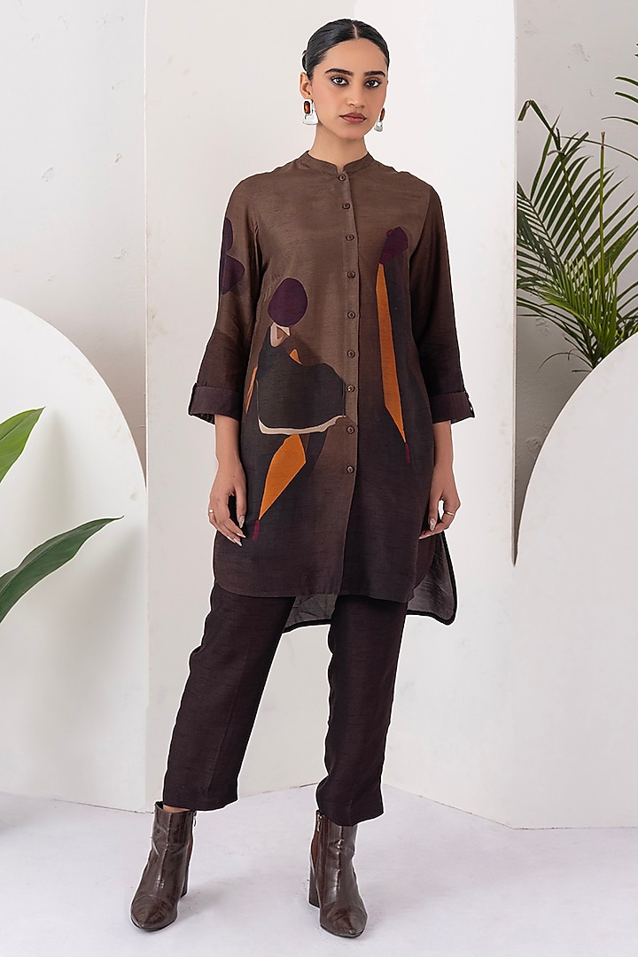 Brown Viscose Dupion Digital Printed Tunic Set by Haute Mess at Pernia's Pop Up Shop
