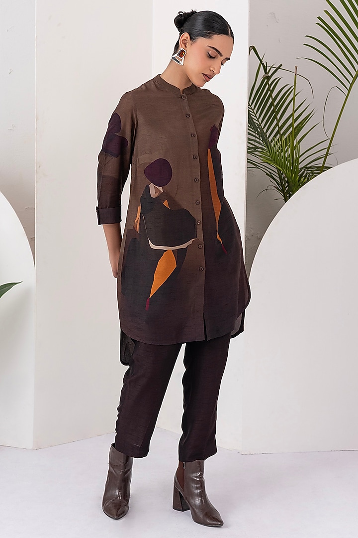 Brown Viscose Dupion Digital Printed Tunic Set by Haute Mess at Pernia's Pop Up Shop