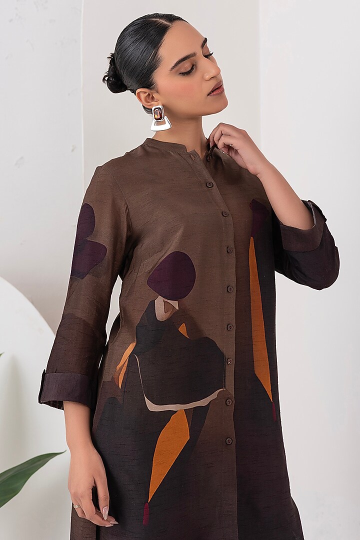 Brown Viscose Dupion Digital Printed Tunic Set by Haute Mess at Pernia's Pop Up Shop