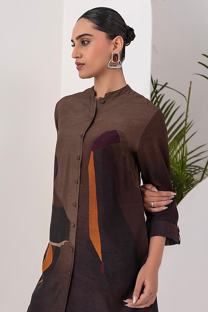 Brown Viscose Dupion Digital Printed Tunic Set by Haute Mess at Pernia's Pop Up Shop