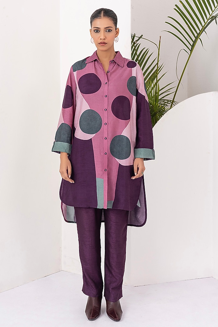 Salmon Pink & Wine Viscose Dupion Digital Printed Tunic Set by Haute Mess at Pernia's Pop Up Shop