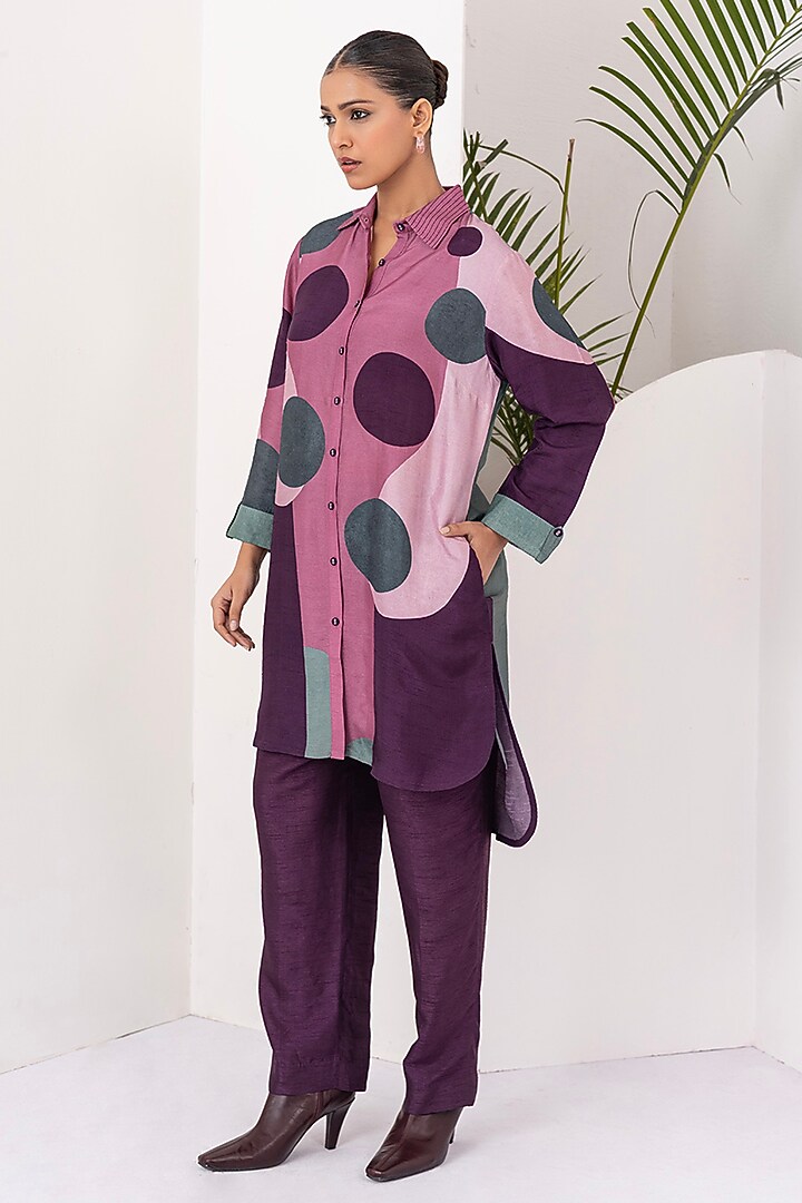Salmon Pink & Wine Viscose Dupion Digital Printed Tunic Set by Haute Mess at Pernia's Pop Up Shop