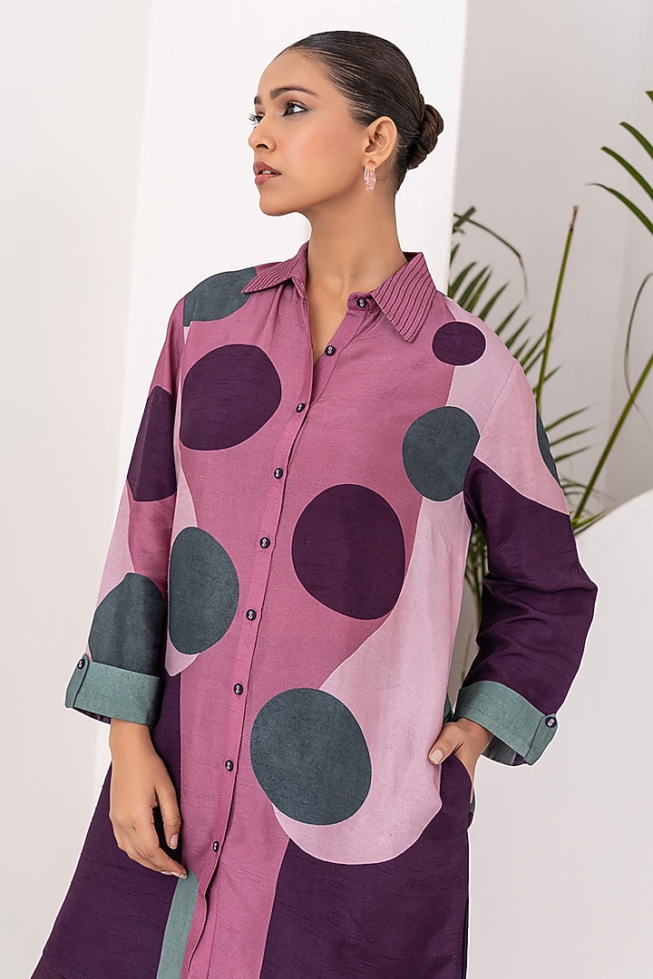 Salmon Pink & Wine Viscose Dupion Digital Printed Tunic Set by Haute Mess at Pernia's Pop Up Shop