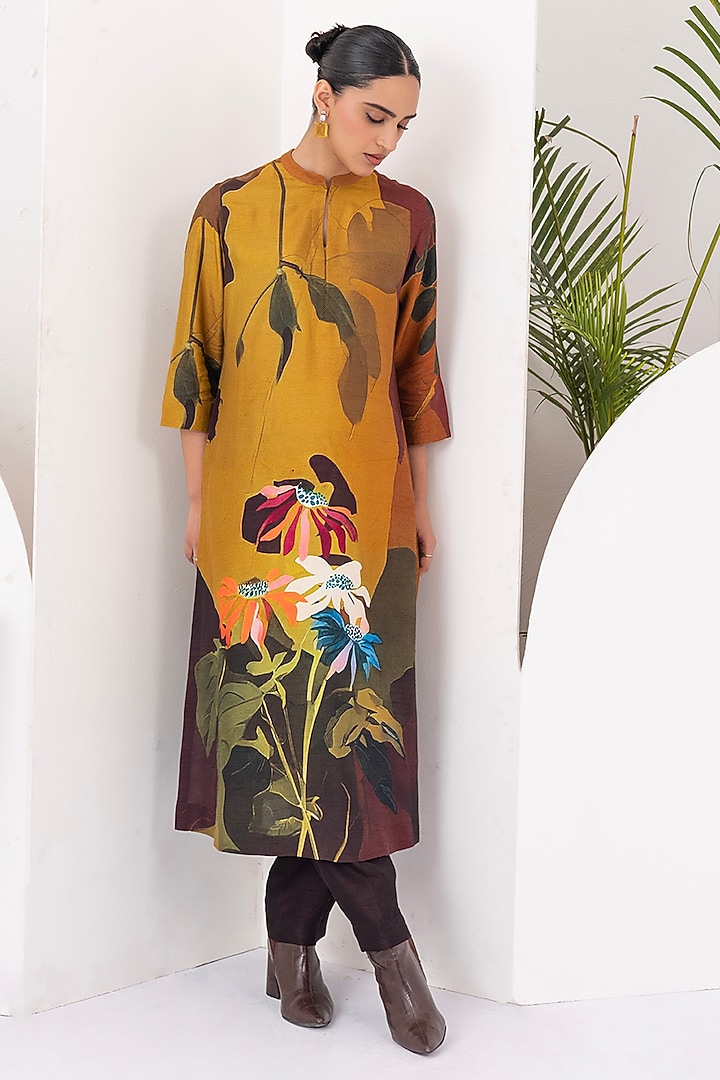 Mustard & Brown Viscose Dupion Digital Printed Tunic Set by Haute Mess at Pernia's Pop Up Shop