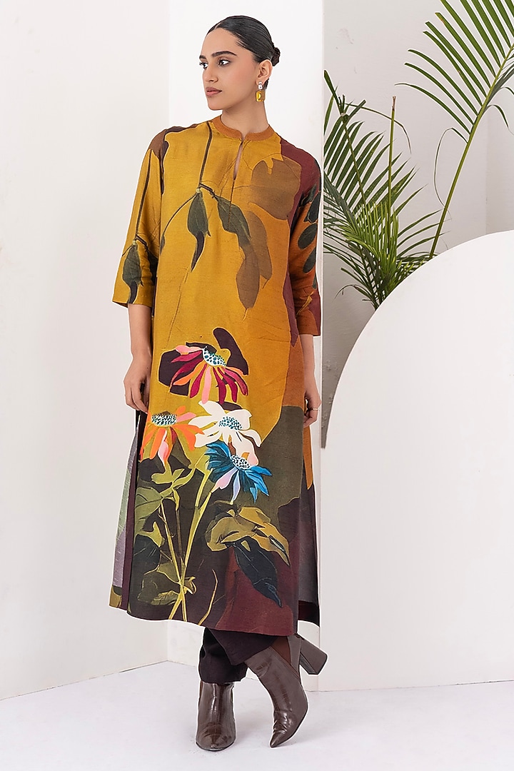 Mustard & Brown Viscose Dupion Digital Printed Tunic Set by Haute Mess at Pernia's Pop Up Shop