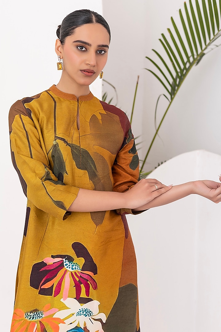Mustard & Brown Viscose Dupion Digital Printed Tunic Set by Haute Mess at Pernia's Pop Up Shop