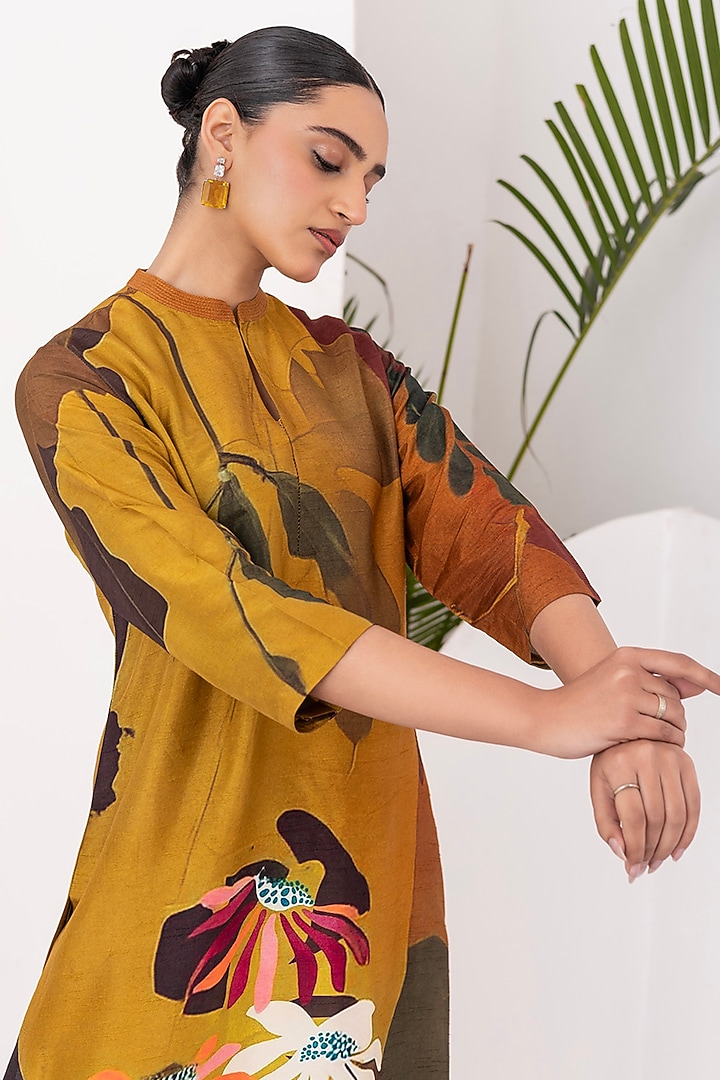Mustard & Brown Viscose Dupion Digital Printed Tunic Set by Haute Mess at Pernia's Pop Up Shop
