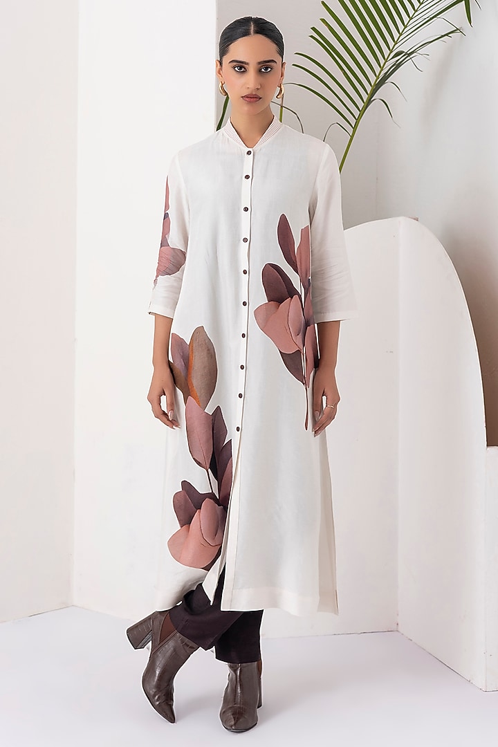 Ivory Viscose Dupion Leaf Digital Printed Tunic Set by Haute Mess at Pernia's Pop Up Shop