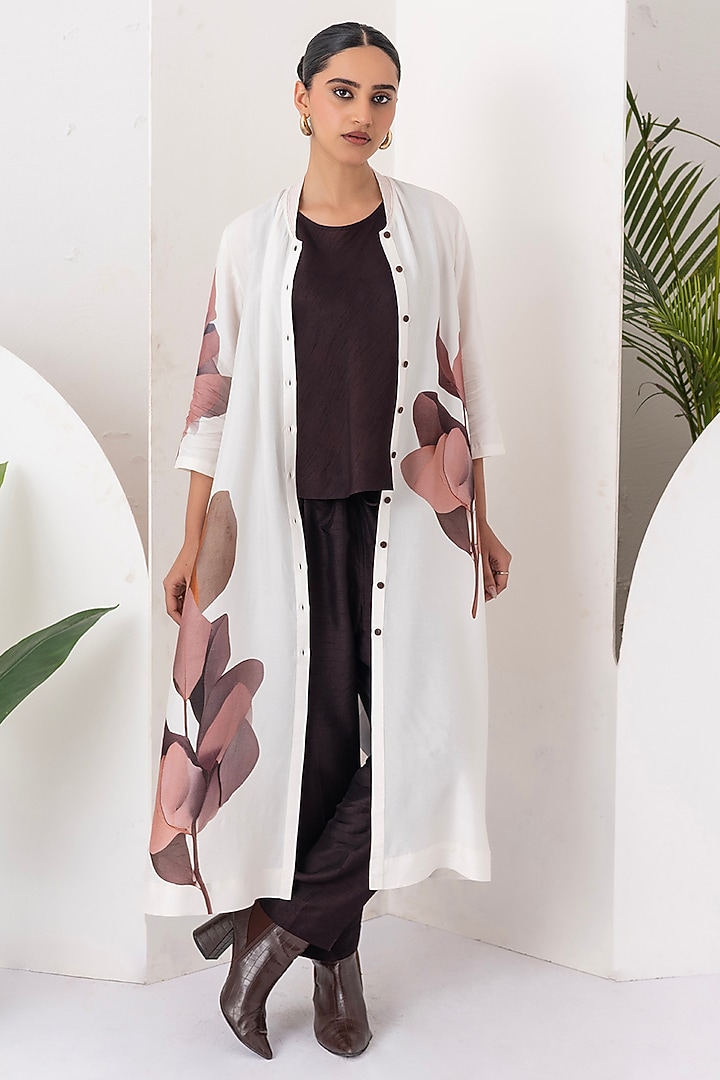 Ivory Viscose Dupion Leaf Digital Printed Tunic Set by Haute Mess at Pernia's Pop Up Shop