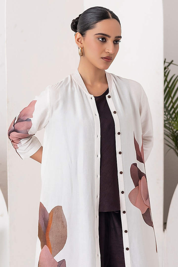 Ivory Viscose Dupion Leaf Digital Printed Tunic Set by Haute Mess at Pernia's Pop Up Shop