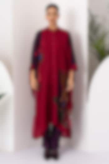 Red Viscose Dupion Digital Printed Kaftan-Style Tunic Set by Haute Mess at Pernia's Pop Up Shop