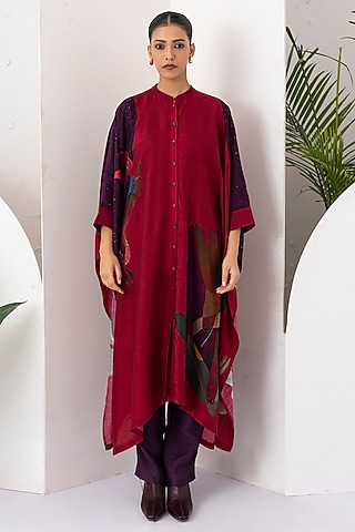 Red Viscose Dupion Digital Printed Kaftan-Style Tunic Set by Haute Mess