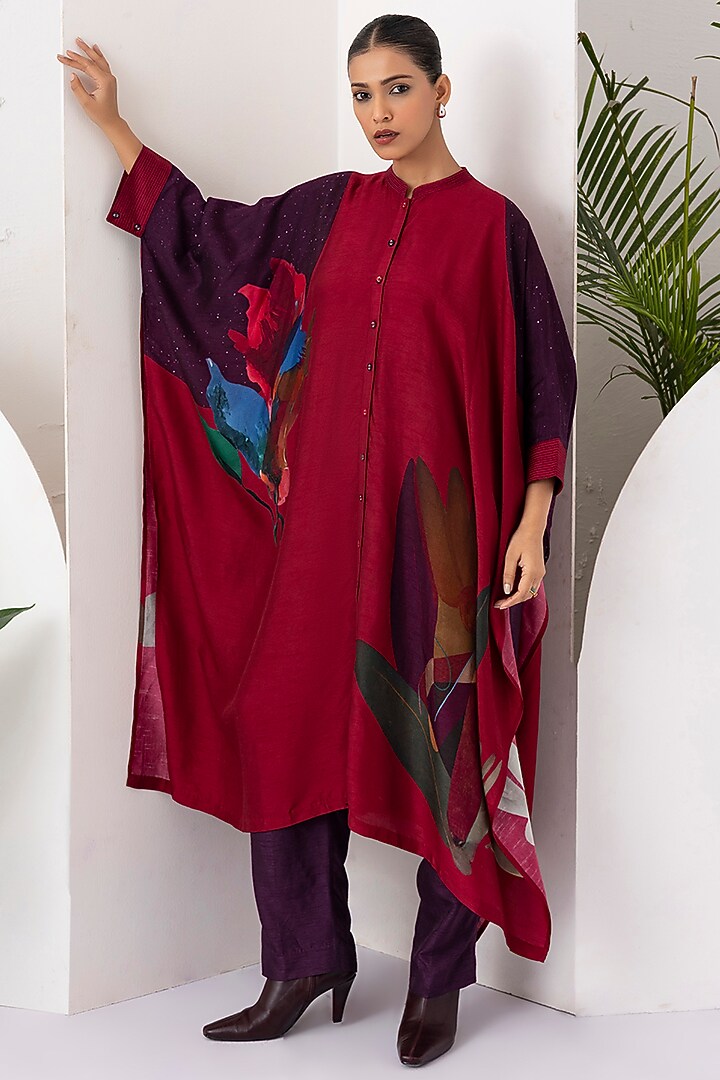 Red Viscose Dupion Digital Printed Kaftan-Style Tunic Set by Haute Mess at Pernia's Pop Up Shop