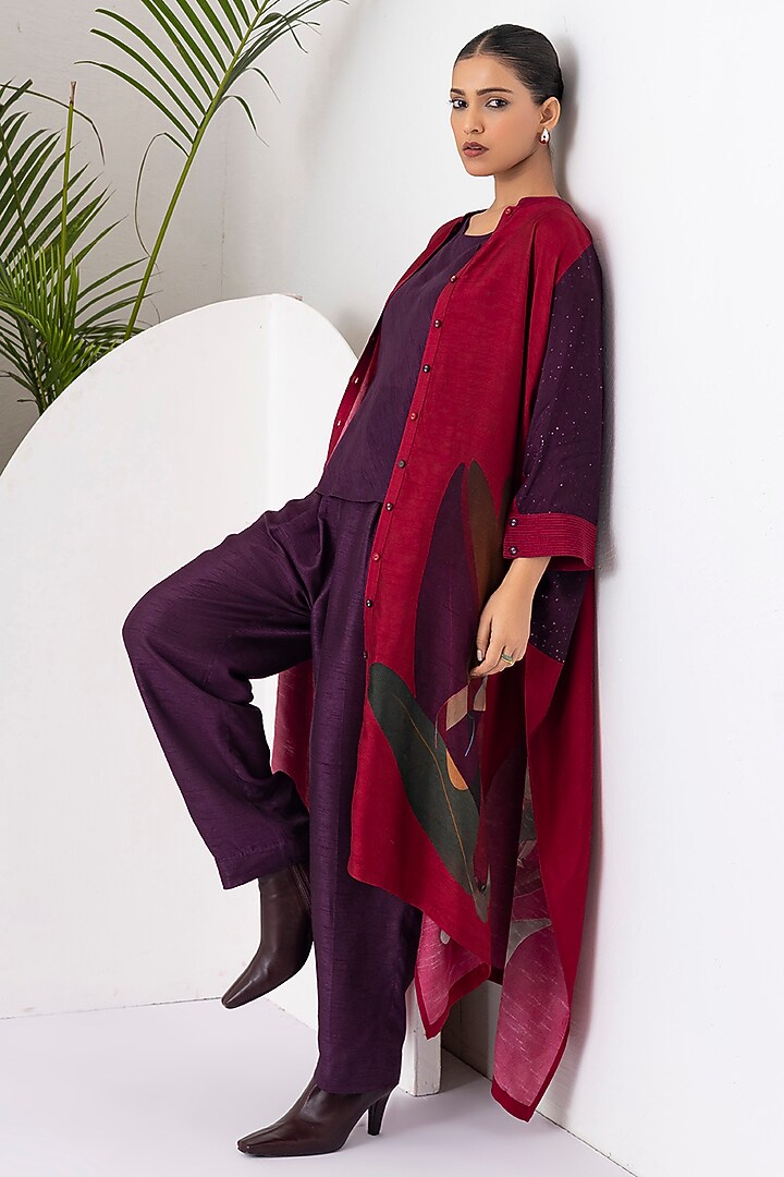 Red Viscose Dupion Digital Printed Kaftan-Style Tunic Set by Haute Mess at Pernia's Pop Up Shop