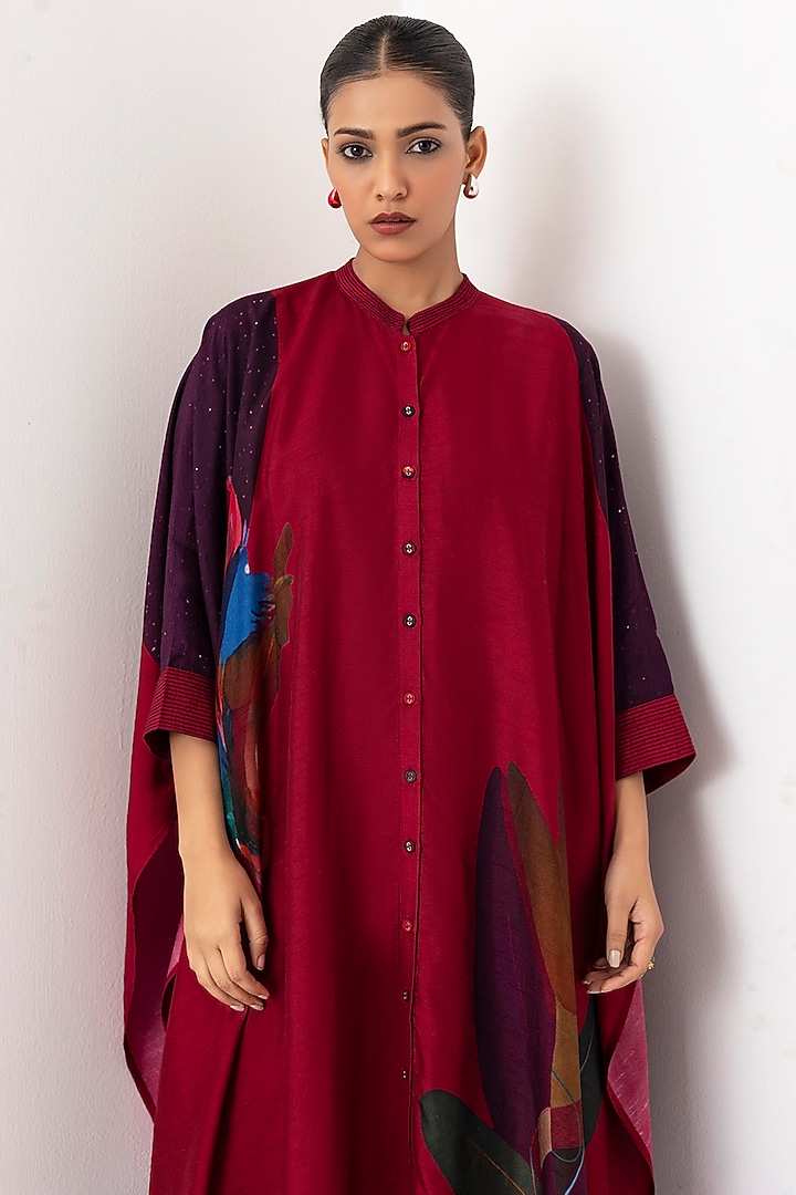 Red Viscose Dupion Digital Printed Kaftan-Style Tunic Set by Haute Mess at Pernia's Pop Up Shop
