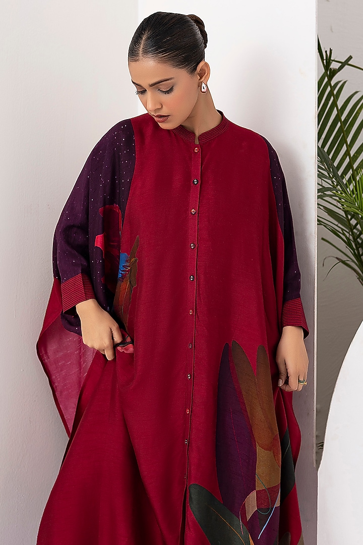 Red Viscose Dupion Digital Printed Kaftan-Style Tunic Set by Haute Mess at Pernia's Pop Up Shop