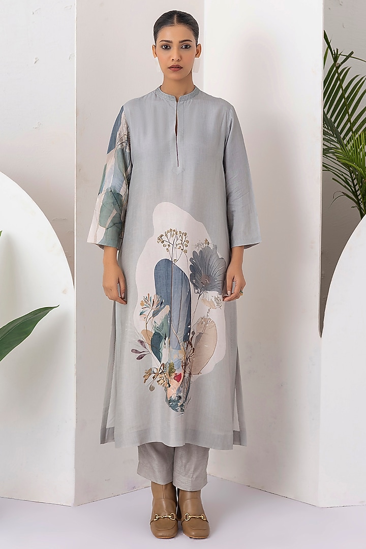 Grey Viscose Dupion Digital Printed Tunic Set by Haute Mess at Pernia's Pop Up Shop
