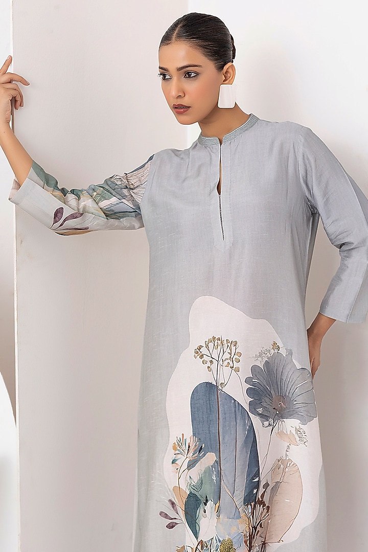 Grey Viscose Dupion Digital Printed Tunic Set by Haute Mess at Pernia's Pop Up Shop