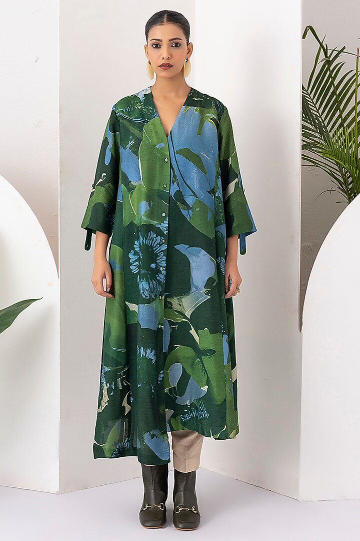 Green & Blue Viscose Dupion Digital Printed High-Low Tunic Set by Haute Mess at Pernia's Pop Up Shop