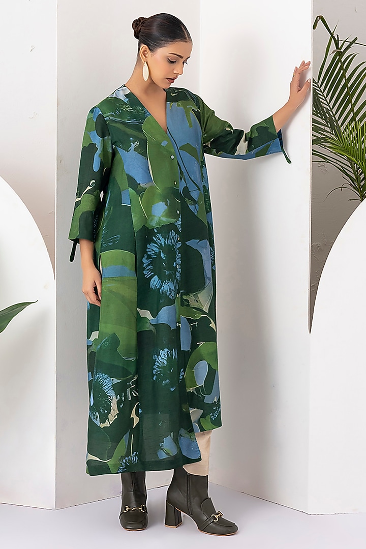 Green & Blue Viscose Dupion Digital Printed High-Low Tunic Set by Haute Mess at Pernia's Pop Up Shop