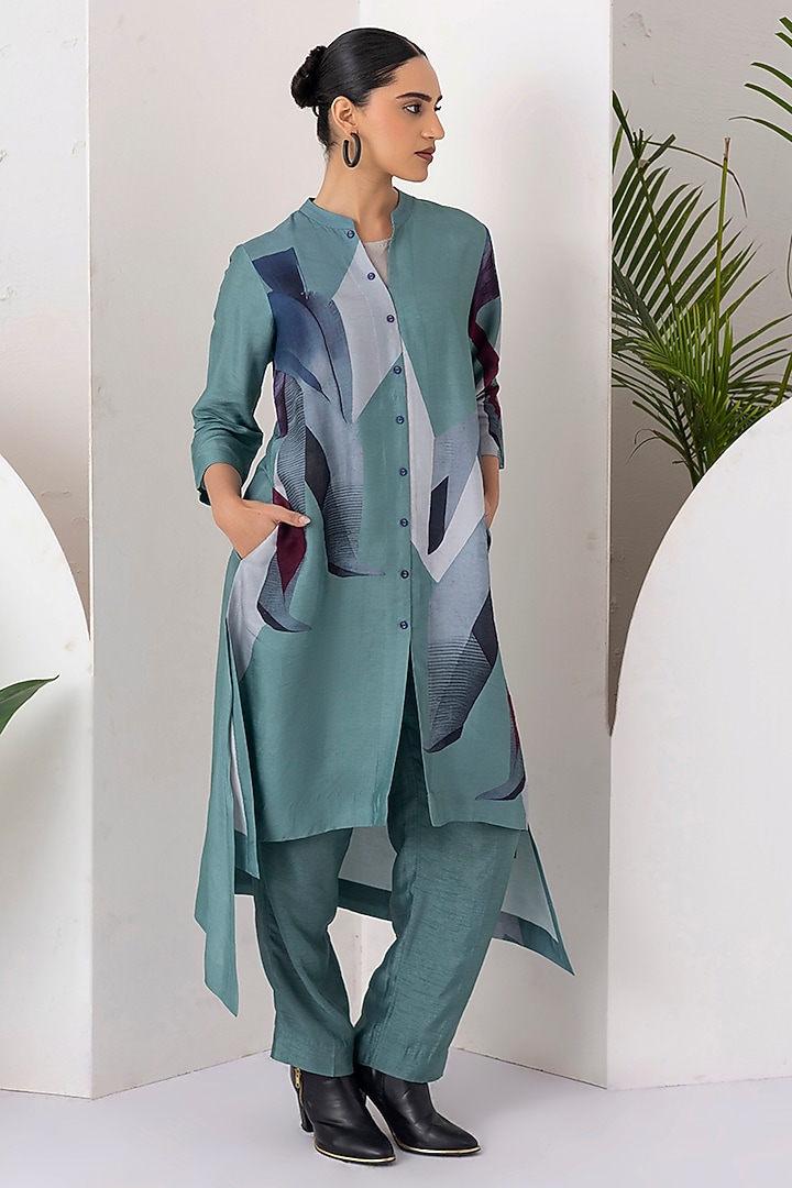 Sage Green Viscose Dupion Digital Printed High-Low Tunic Set by Haute Mess at Pernia's Pop Up Shop