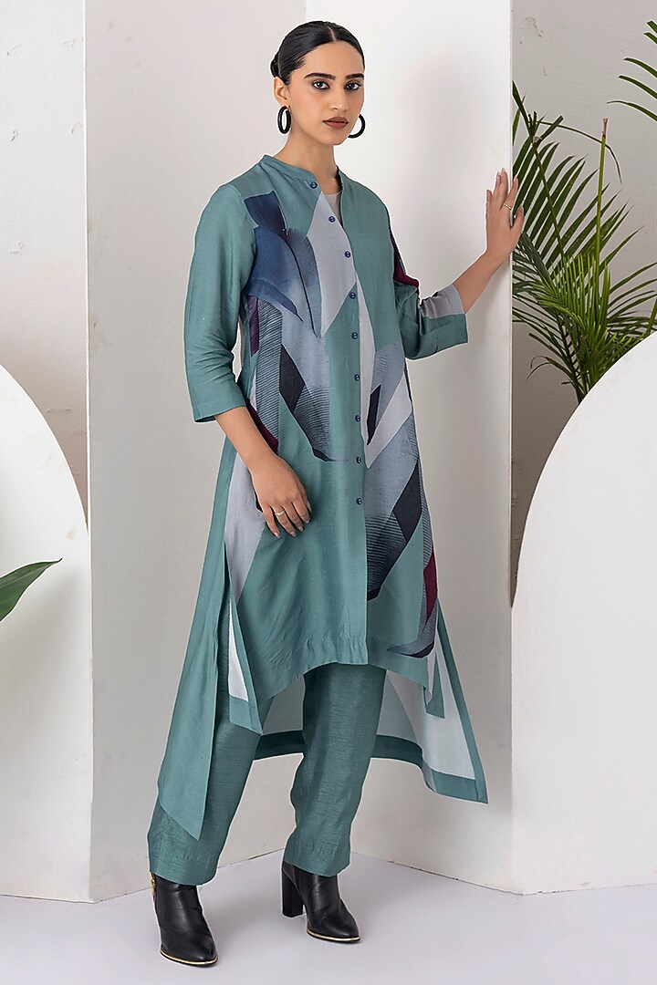 Sage Green Viscose Dupion Digital Printed High-Low Tunic Set by Haute Mess at Pernia's Pop Up Shop