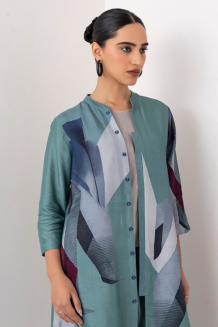 Sage Green Viscose Dupion Digital Printed High-Low Tunic Set by Haute Mess at Pernia's Pop Up Shop