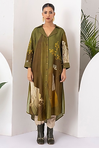 Moss Green Viscose Dupion Digital Printed Tunic Set by Haute Mess