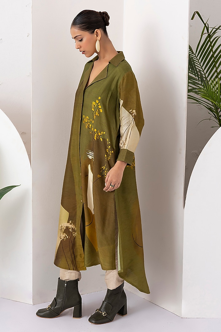Moss Green Viscose Dupion Digital Printed Tunic Set by Haute Mess at Pernia's Pop Up Shop