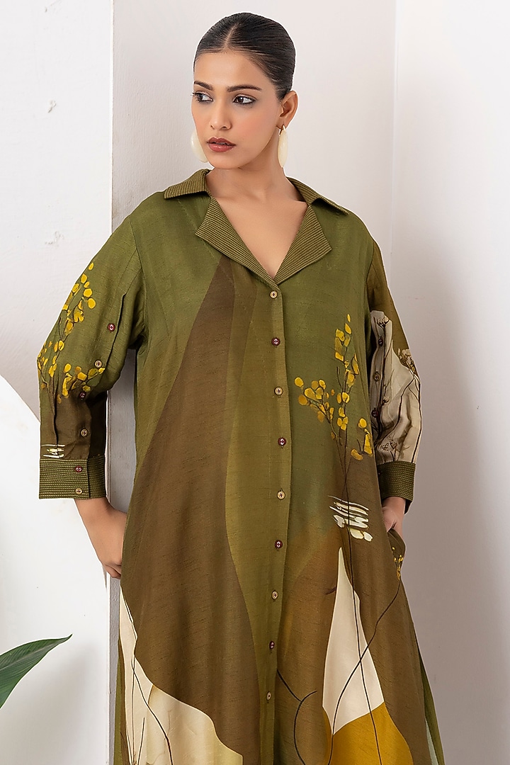 Moss Green Viscose Dupion Digital Printed Tunic Set by Haute Mess at Pernia's Pop Up Shop