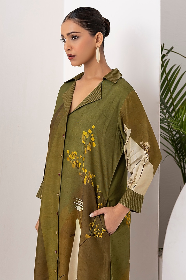 Moss Green Viscose Dupion Digital Printed Tunic Set by Haute Mess at Pernia's Pop Up Shop