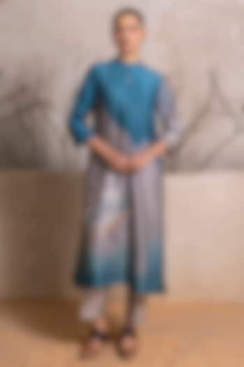 Denim Blue & Grey Silk Chanderi Digital Printed Tunic Set by Haute Mess at Pernia's Pop Up Shop