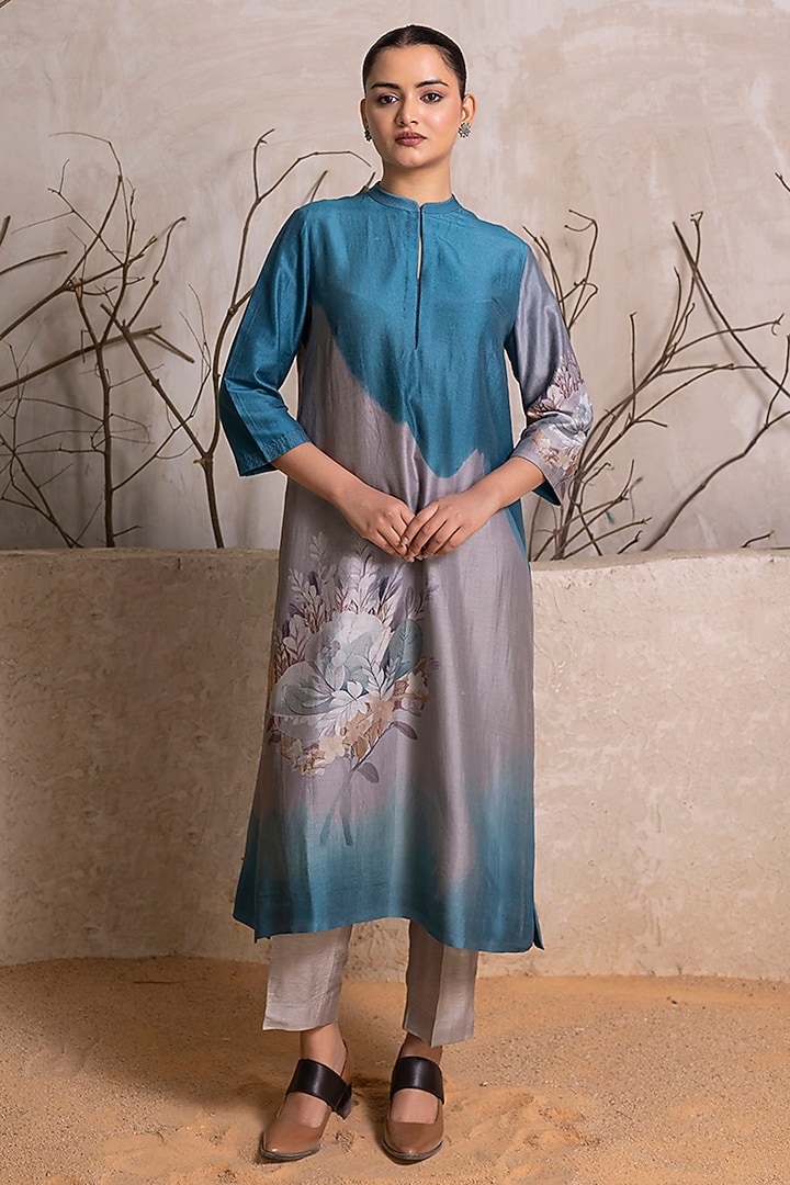 Denim Blue & Grey Silk Chanderi Digital Printed Tunic Set by Haute Mess at Pernia's Pop Up Shop