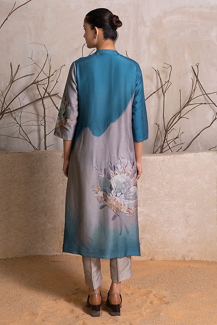 Denim Blue & Grey Silk Chanderi Digital Printed Tunic Set by Haute Mess at Pernia's Pop Up Shop