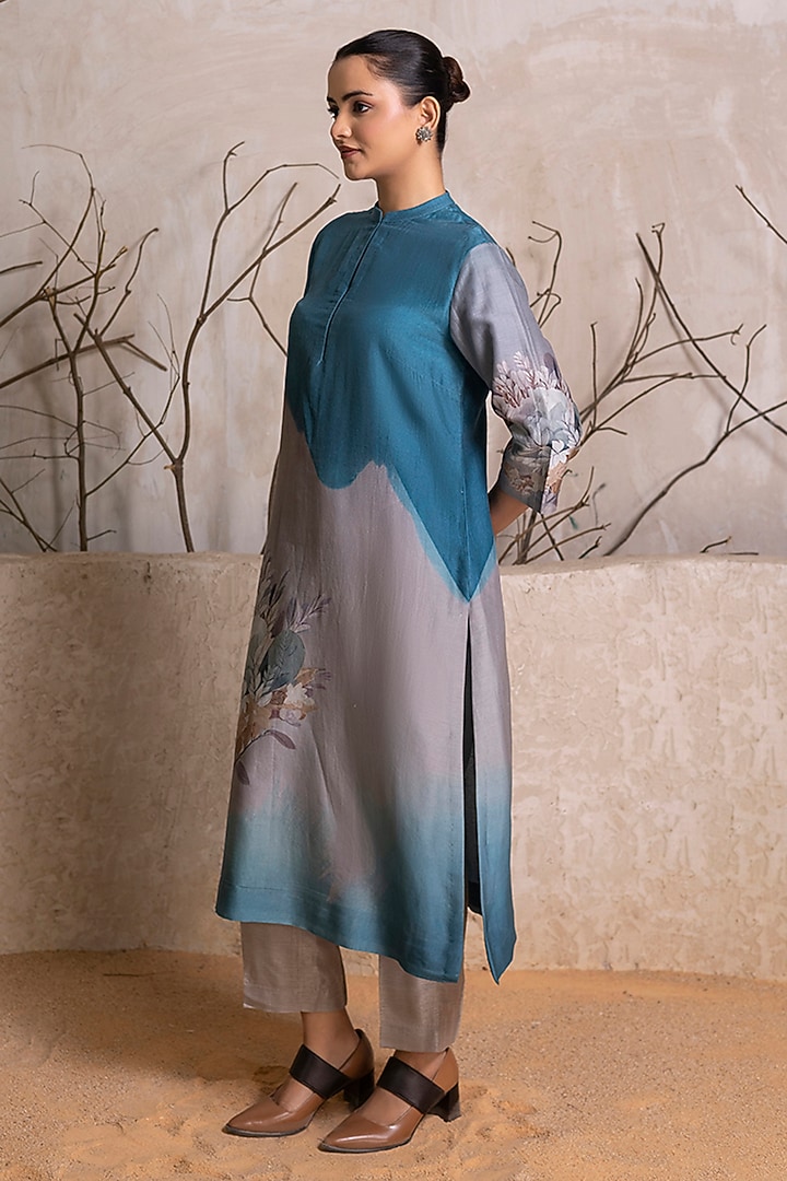 Denim Blue & Grey Silk Chanderi Digital Printed Tunic Set by Haute Mess at Pernia's Pop Up Shop