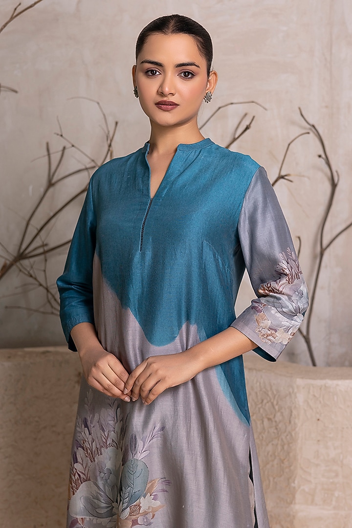 Denim Blue & Grey Silk Chanderi Digital Printed Tunic Set by Haute Mess at Pernia's Pop Up Shop