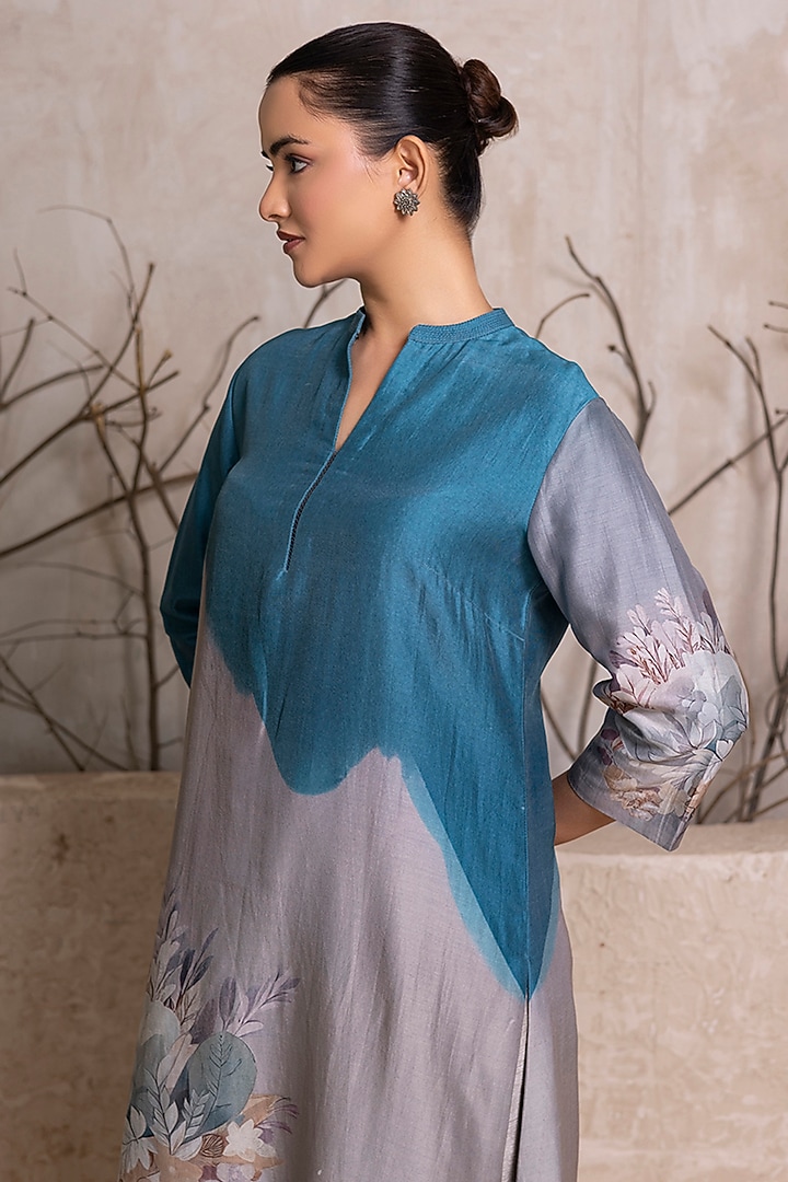 Denim Blue & Grey Silk Chanderi Digital Printed Tunic Set by Haute Mess at Pernia's Pop Up Shop