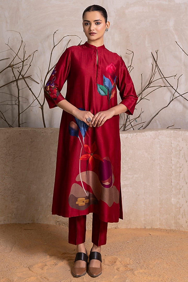Red Silk Chanderi Digital Printed Tunic Set by Haute Mess at Pernia's Pop Up Shop