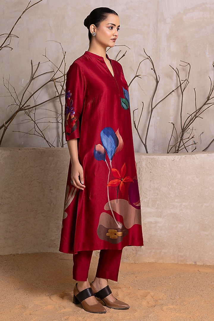 Red Silk Chanderi Digital Printed Tunic Set by Haute Mess at Pernia's Pop Up Shop