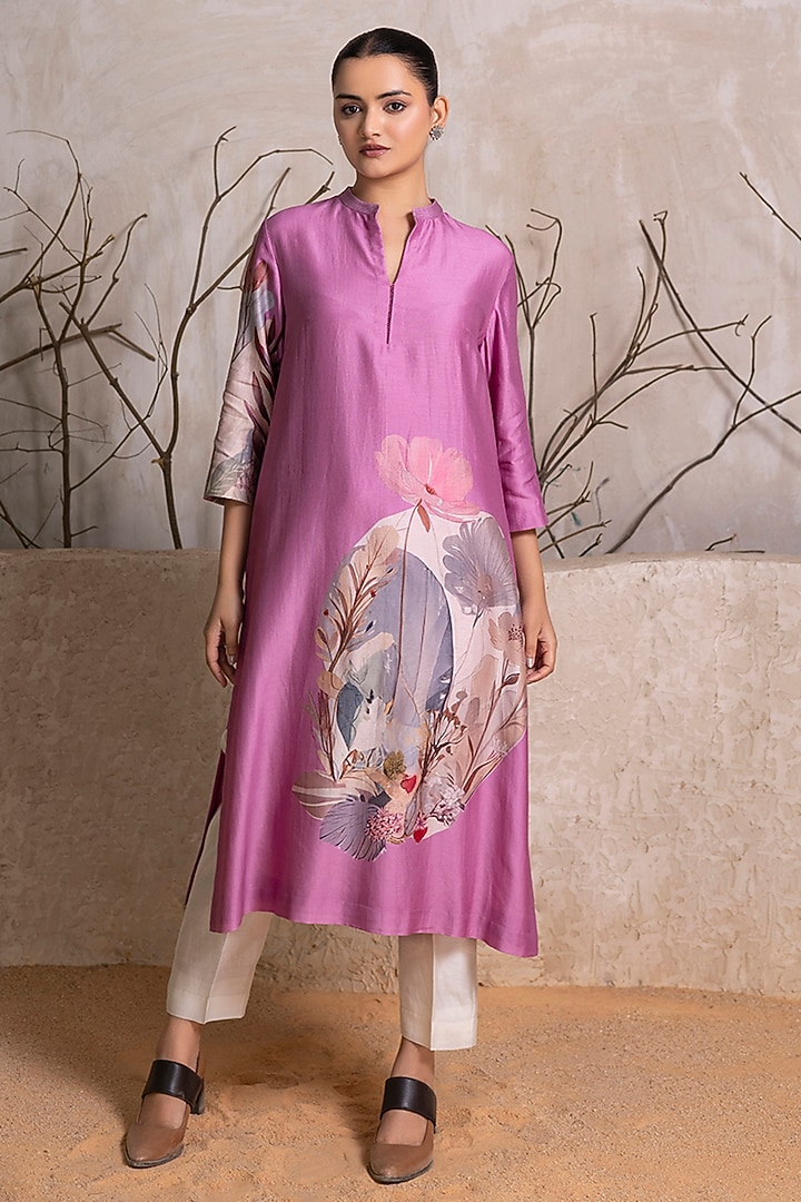 Lavender Silk Chanderi Digital Printed Tunic Set by Haute Mess at Pernia's Pop Up Shop