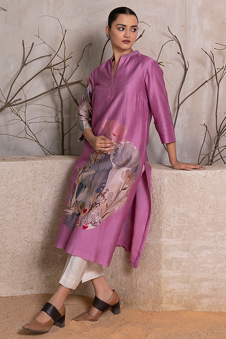 Lavender Silk Chanderi Digital Printed Tunic Set by Haute Mess at Pernia's Pop Up Shop